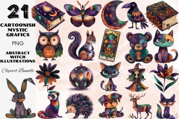 Abstract Cartoonish Mystic Animal Witch: A Whimsical Design Asset
