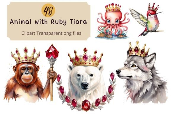 Animal with Ruby Tiara: A Watercolor PNG Collection