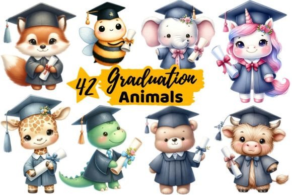 Charm in a Cap: Watercolor Graduation Animal Clipart