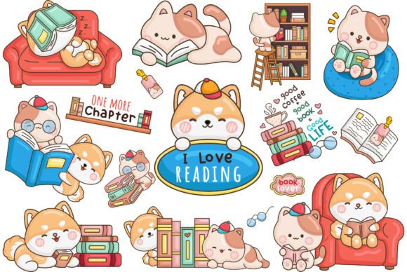 Charming Dog and Cat Reading Clipart for Creative Projects