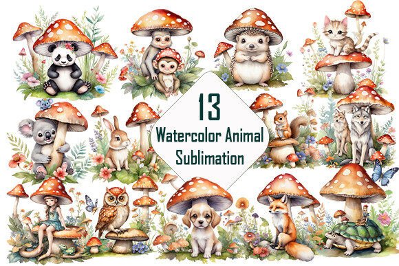 Charming Watercolor Animal with Mushroom Clipart for Creative Projects