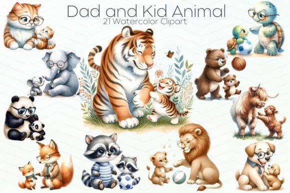 Dad & Kid Animal Clipart: 21 Watercolor Designs for Creative Projects