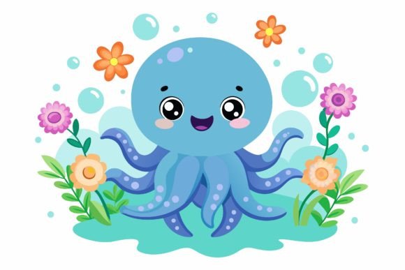 Octopus Animal Cartoon with Flowers on a Design