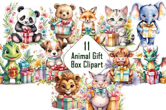 Watercolor Animal with Gift Box Clipart: Your Go-To Asset for Charming Designs