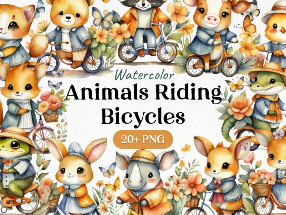 Whimsical Charm: The Bundle Watercolor Animal Bicycle PNG Collection