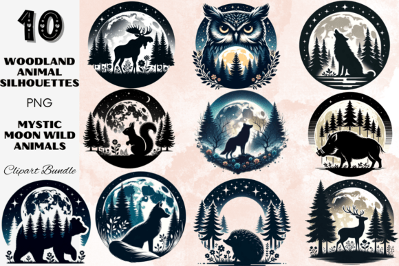 Woodland Animal Silhouettes Forest Moon: Nature's Nighttime Elegance